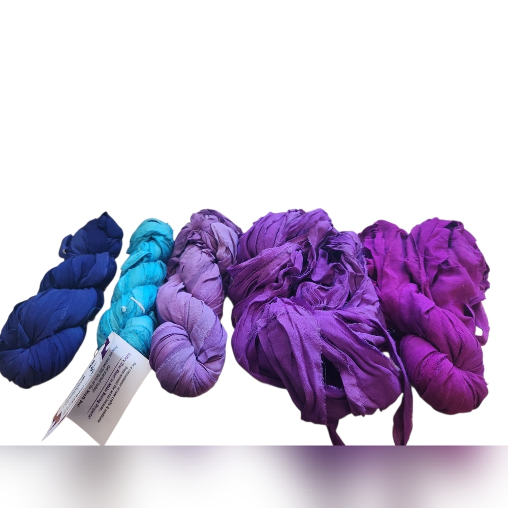 Darn Good Yarn 100% Recycled Sari Silk Ribbon Bundle or Individual, Blue/Purple